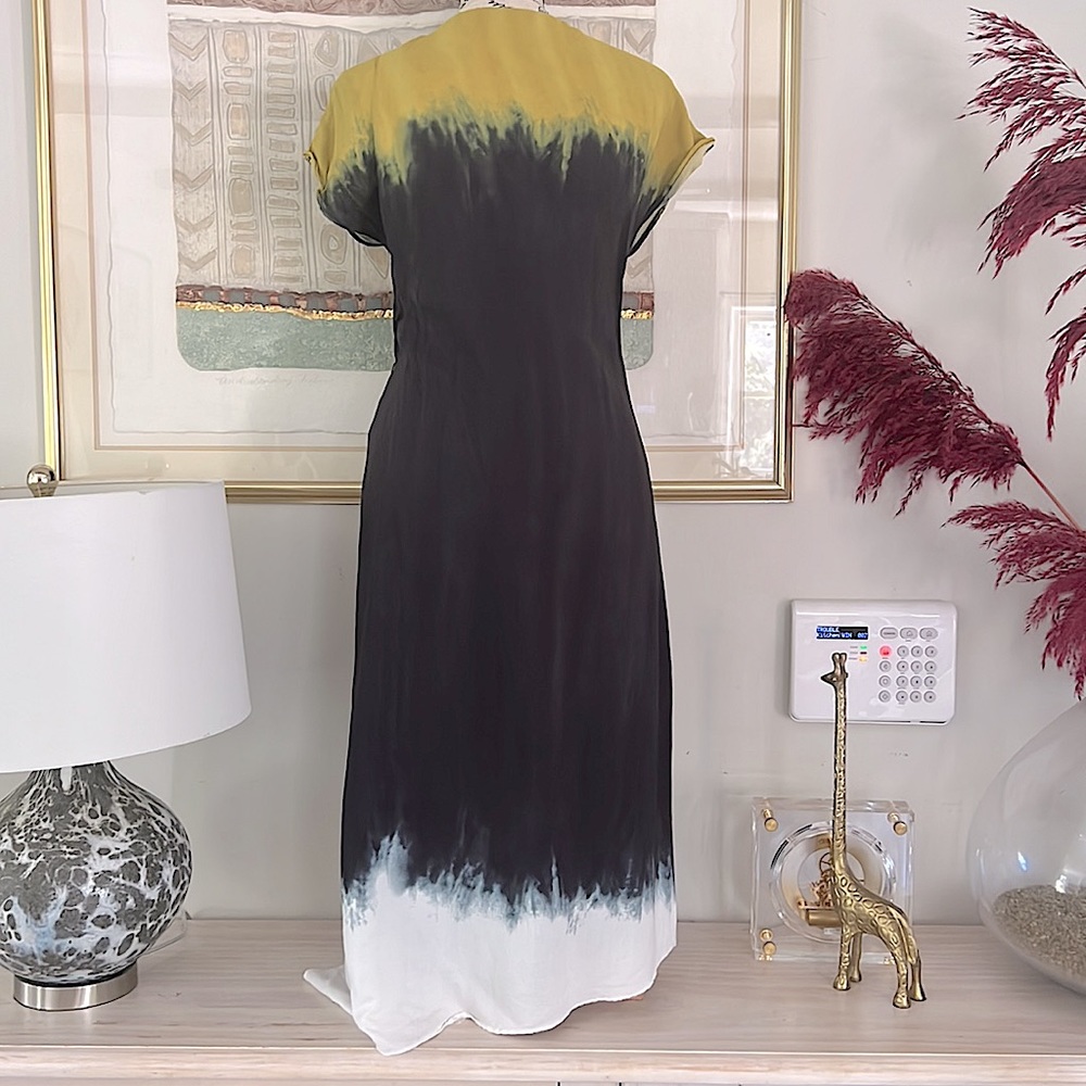 ZARA Ombre Tie Dye Wrap Midi Dress Asymmetrical Hem Yellow Navy - Picture 3 of 6